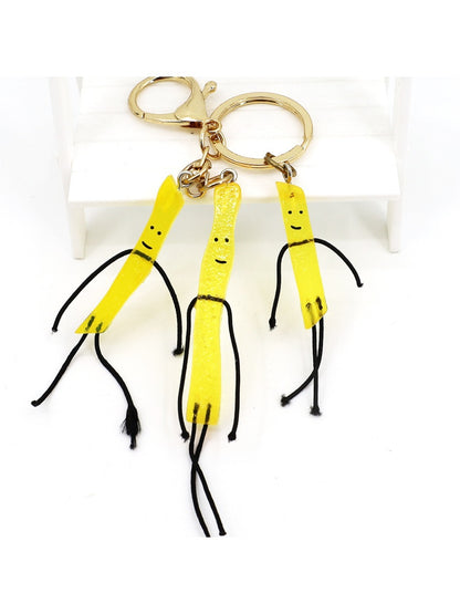 Mini French fries keychain attached to a silver keyring on a white background