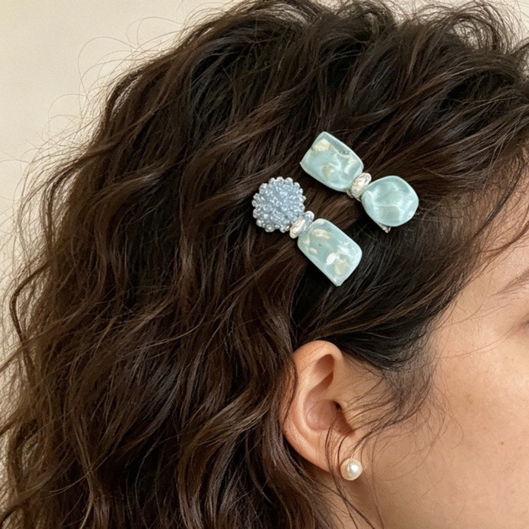 Beau - Mint Blue Simple Beads Hair Clip Set
