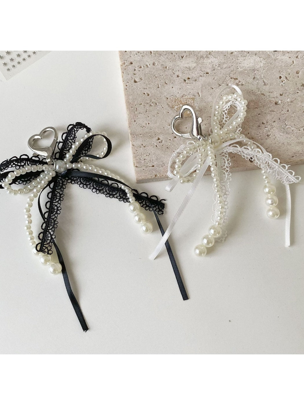 Keypus - Beaded Trim Lace Bow Decorative Bag Charm Keychain