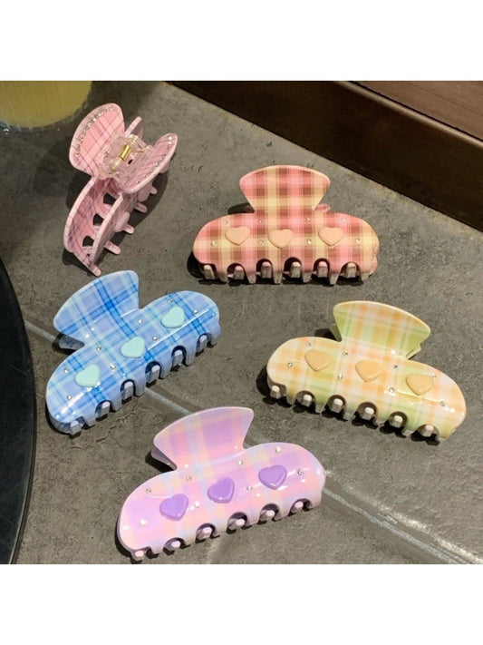 Beau Fresh Plaid Acetate Hair Clip showing front view with green and beige plaid pattern