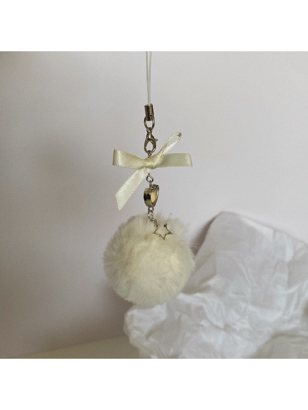 Keypus - Beaded Heart Bow Pom Pom Bag Charm Keychain
