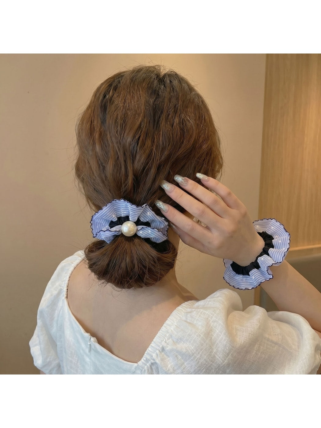 Gifty - Blue Plaid Polka Dot Fabric Scrunchie