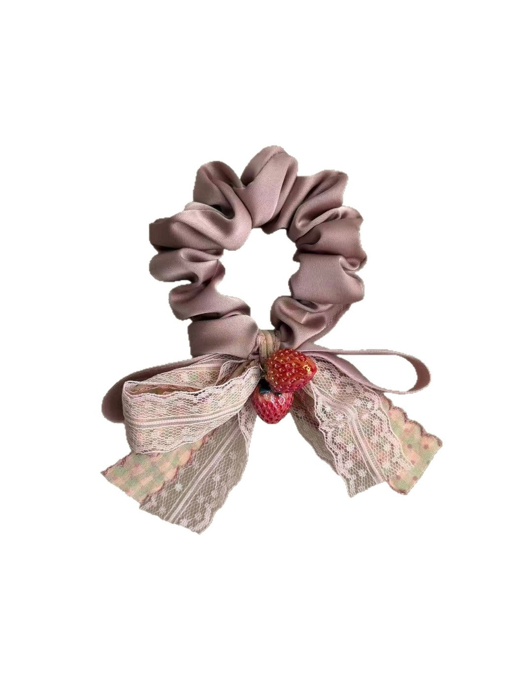 Gifty Strawberry Charm Lace Bow Scrunchie displayed on a white background showing full scrunchie and bow