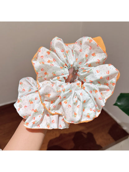 Gifty - Orange Floral Scrunchie Women Large Hair Tie