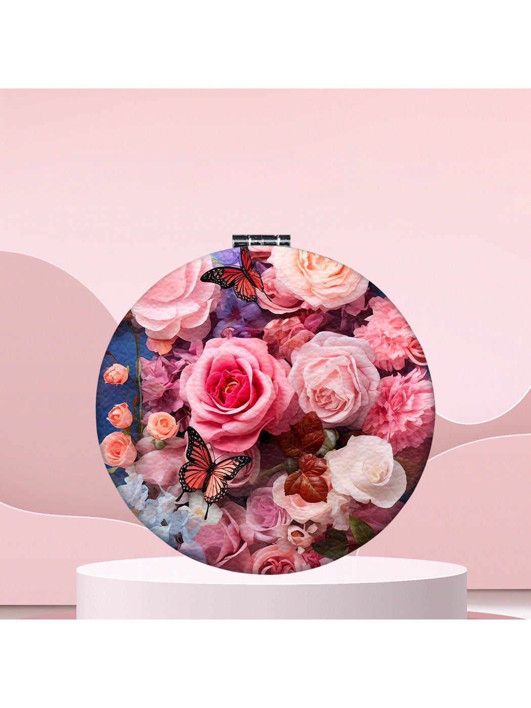 Mirroray - Round Floral Print Portable Folding Makeup Mirror