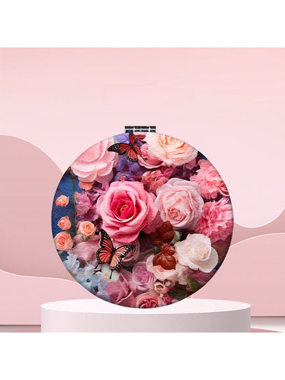 Mirroray - Round Floral Print Portable Folding Makeup Mirror