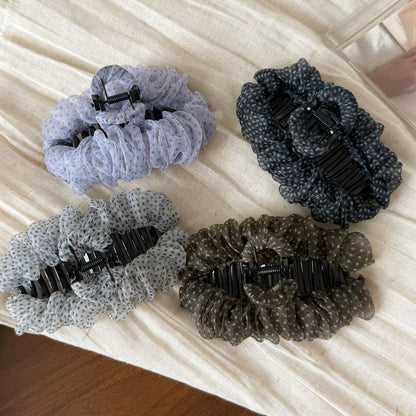 Beau - Polka Dot Mesh Ruffled Fabric Claw Clip