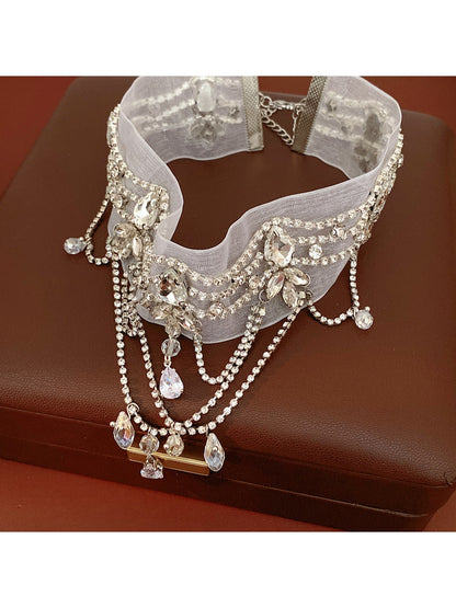 Nozari - Rhinestone Teardrop Chiffon Chain Necklace