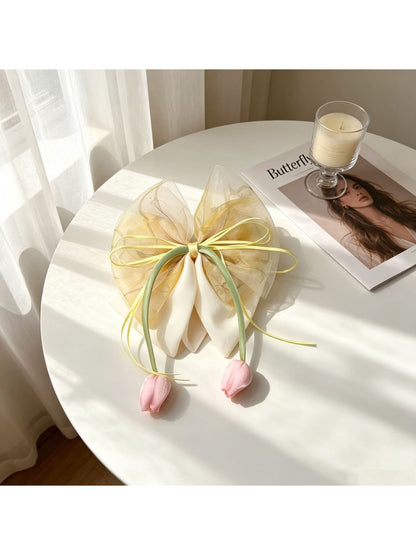 Beau - Tulip Bow Ribbon Ponytail Floral Hair Clip