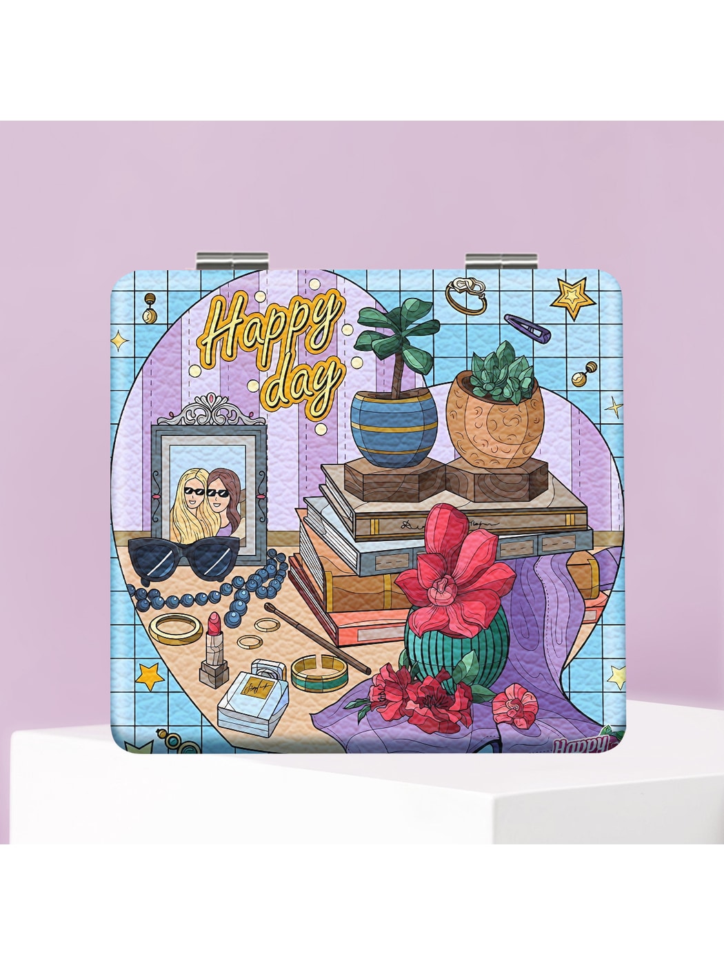 Mirroray - Cartoon Print Foldable PU Glass Compact Mirror