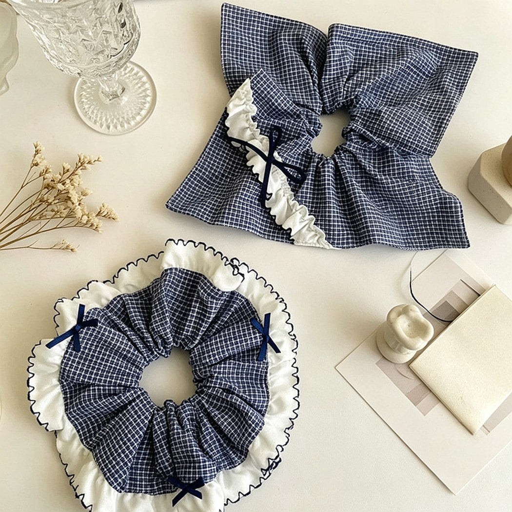 Gifty - Polyester Grid Ruffle Ribbon Bow Scrunchie