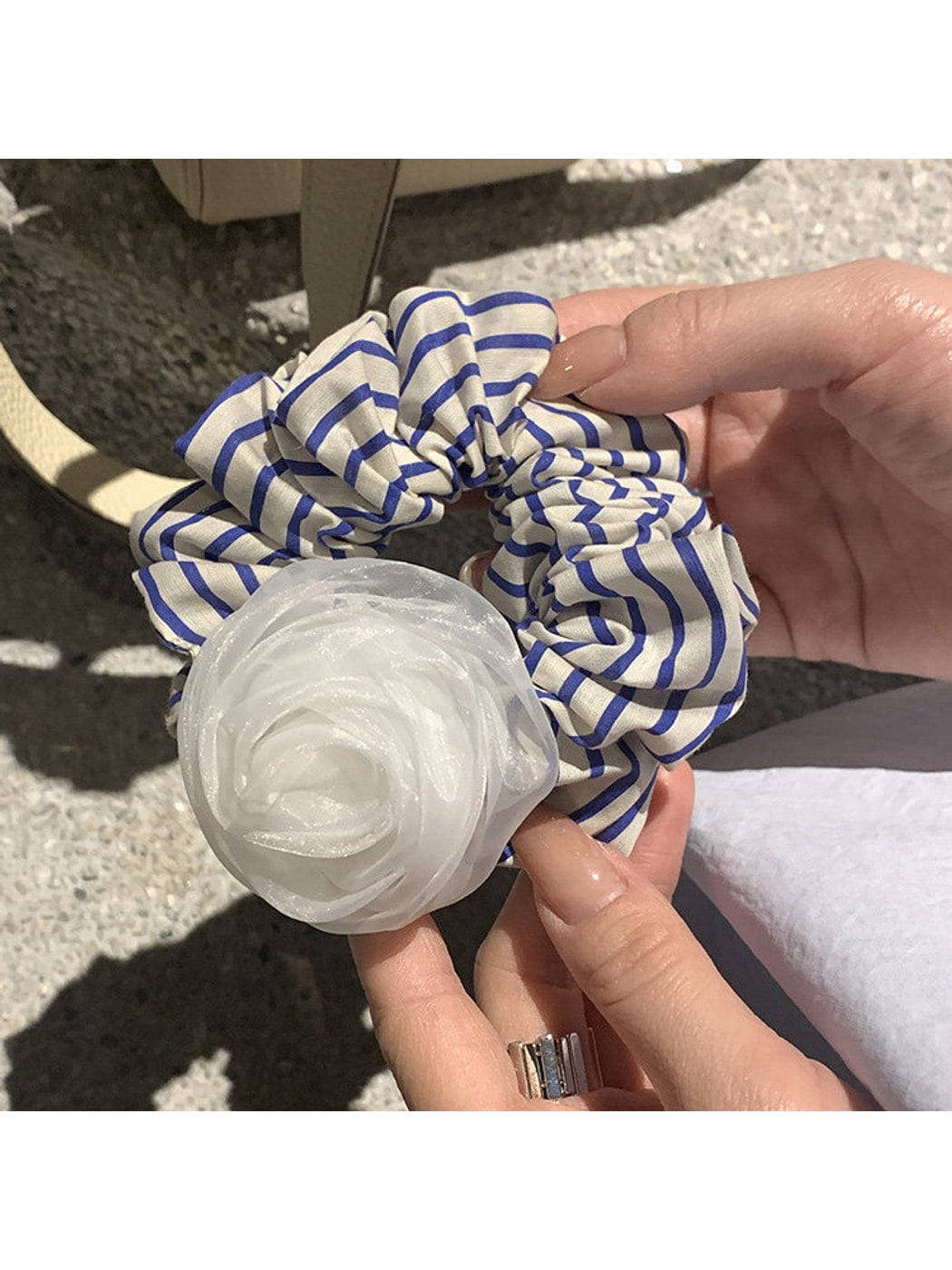 Gifty - Rose Accent Striped Fabric Scrunchie