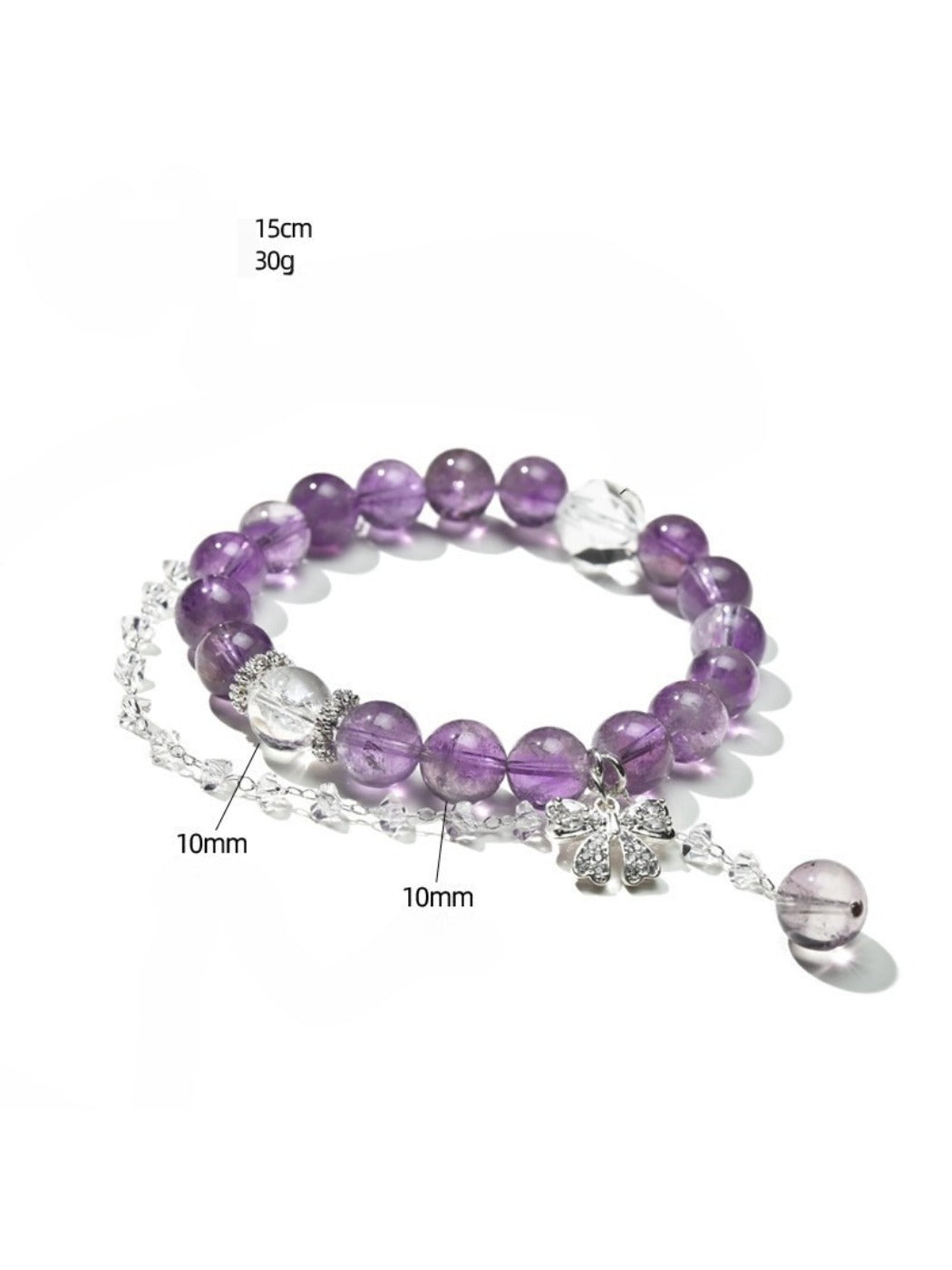 Lovra purple crystal bracelet photographed with natural light and soft shadows