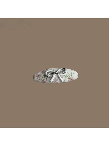 Beau - Botanical Print Bow Accent Oval Hair Clip