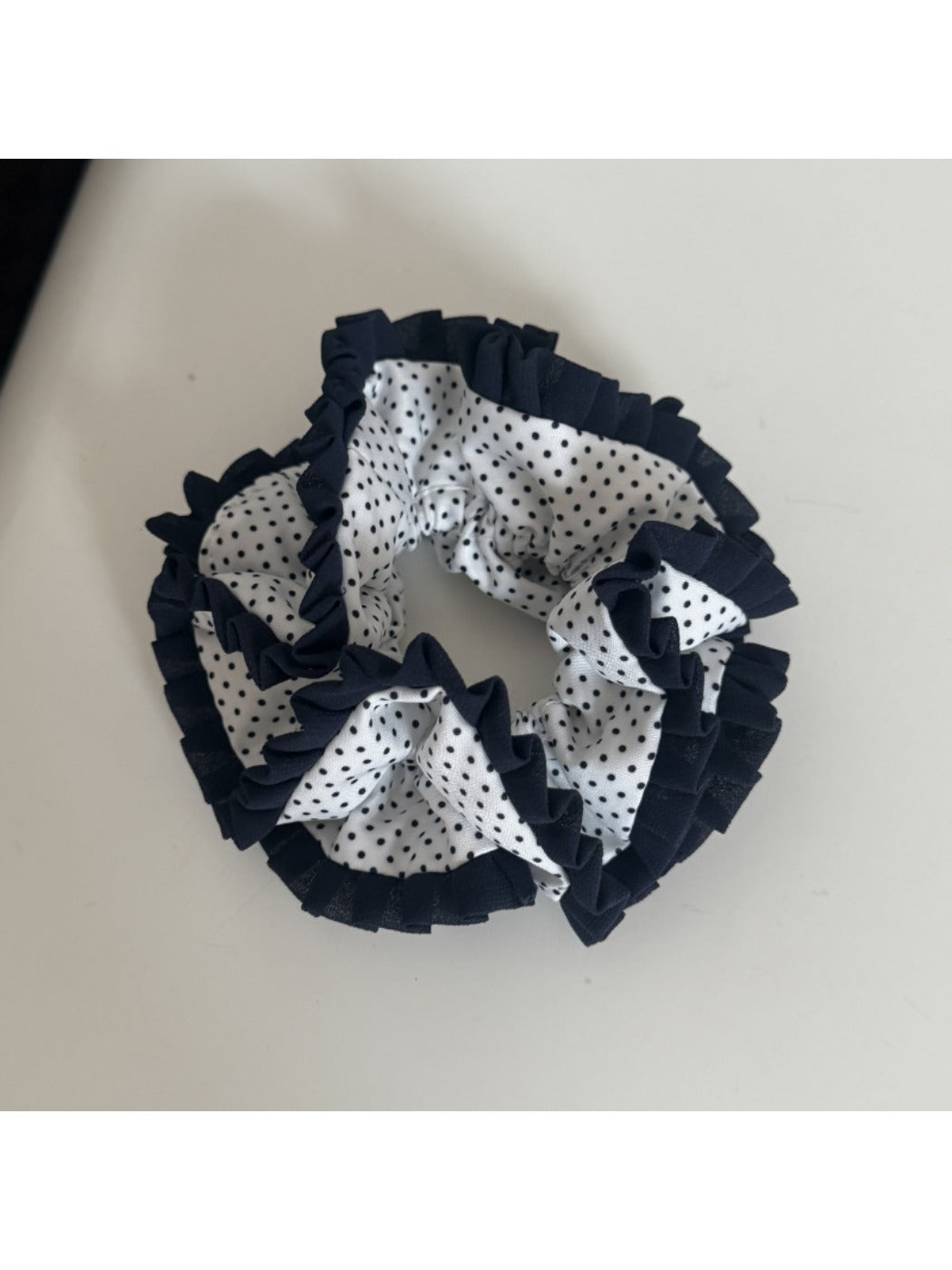 Gifty - Navy Trimmed Polka Dot Ruffled Scrunchie