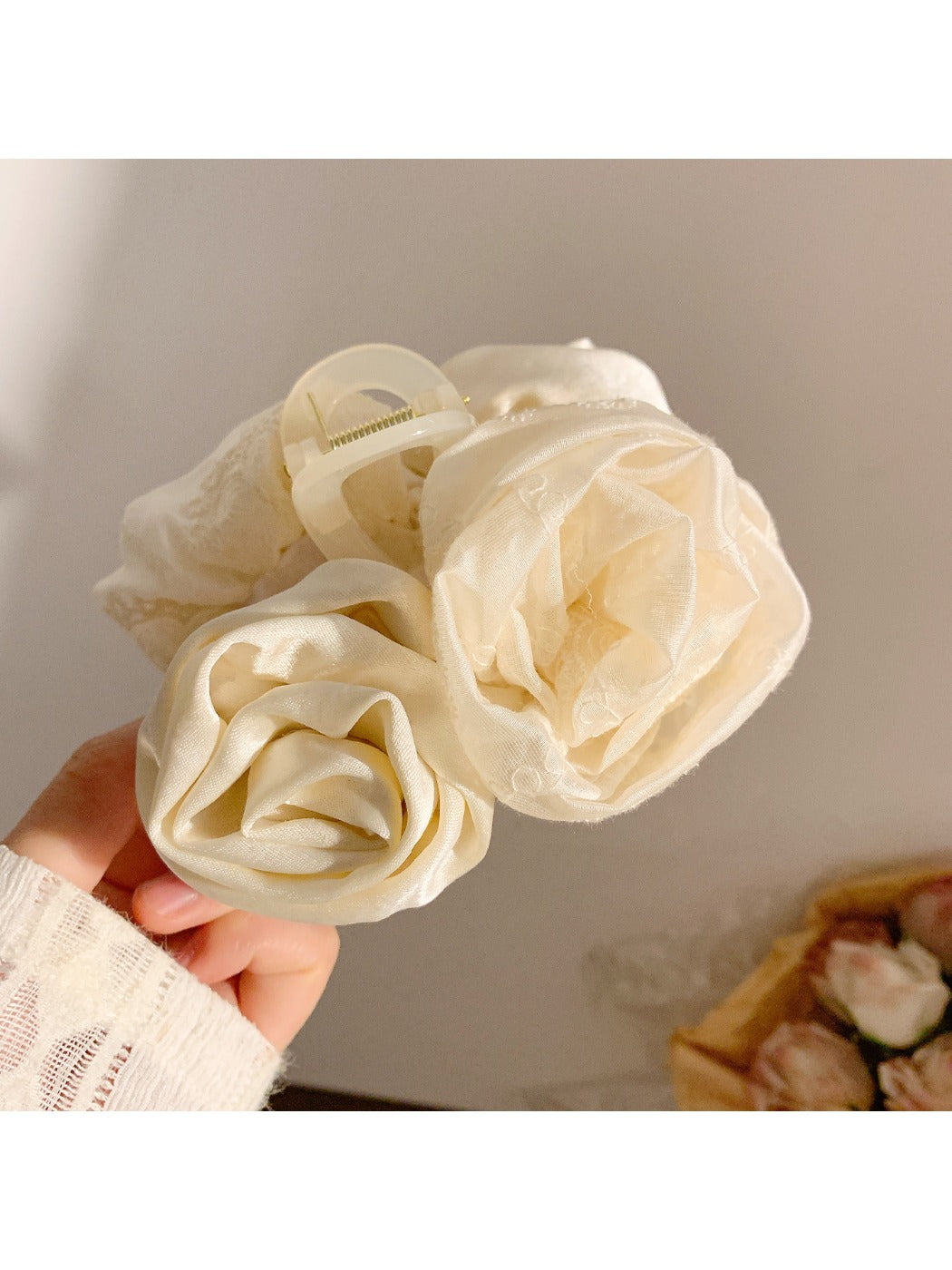 Close-up of Beau rose decorated hair claw clip showing detailed floral design