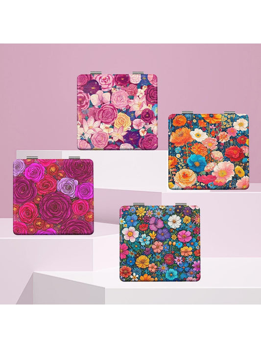 Mirroray - Floral Print Foldable PU Glass Makeup Mirror
