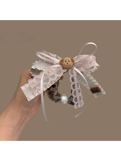 Gifty - Lace Ribbon Bow Animal Detail Ponytail Scrunchie