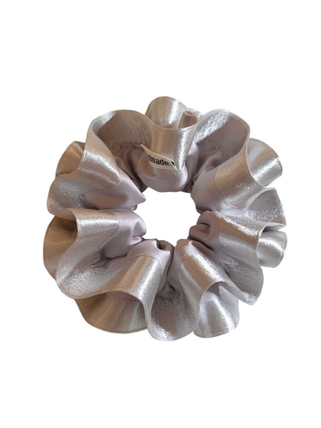 Side view of silver satin double layer ruffle scrunchie