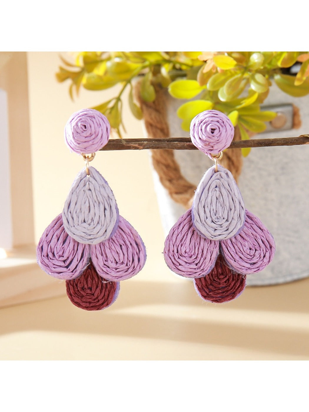 Earedge chic color block raffia drop earrings photographed with soft shadows