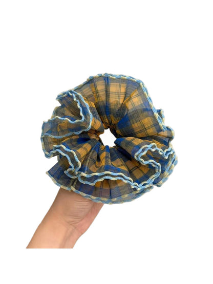 Gifty - Sheer Plaid Ruffled Polyester Scrunchie