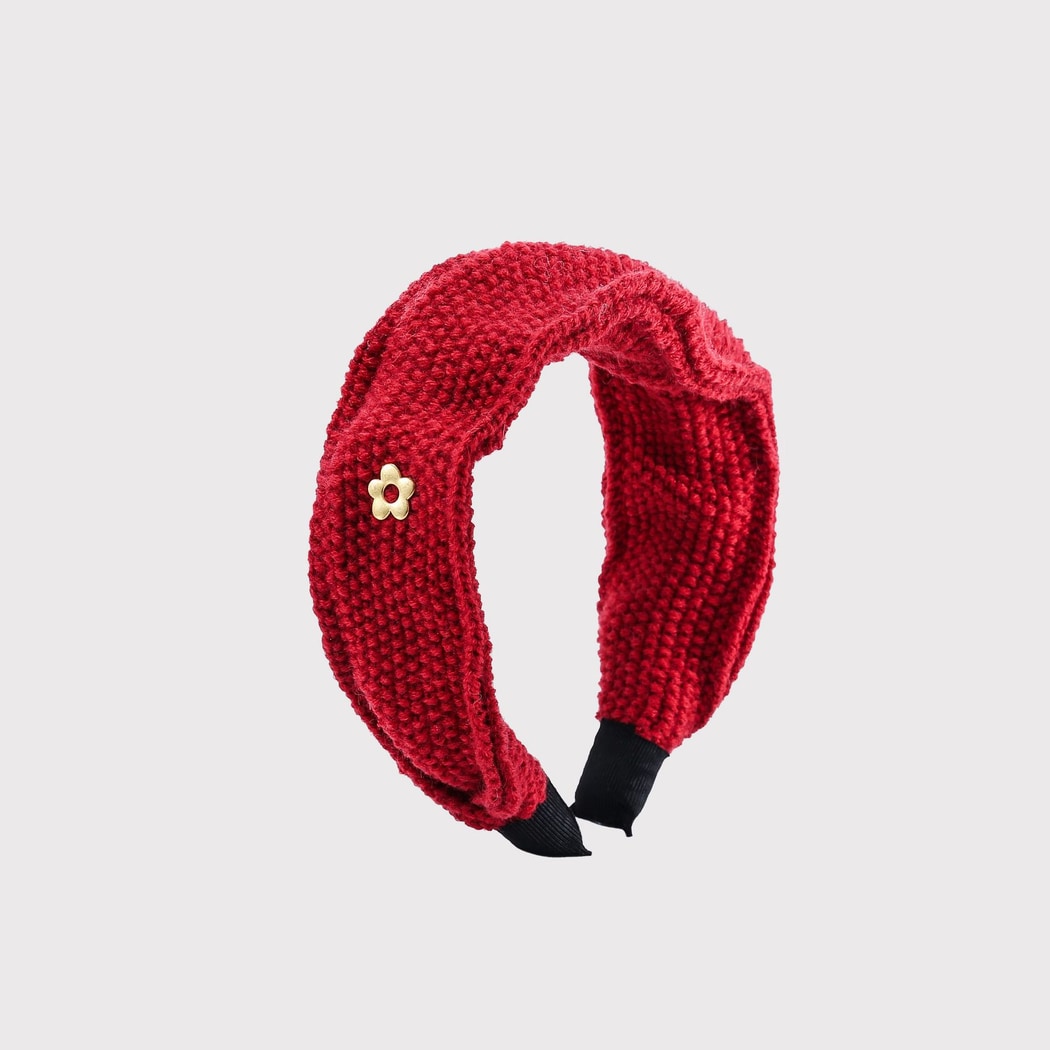 Gifty - Red Knit Floral Accent Wide Headband