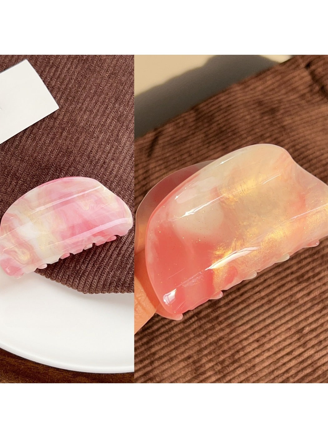 Beau semi circular hair claw clip positioned next to hairbrush