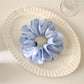 Close-up of blue scrunchie fabric with white polka dots
