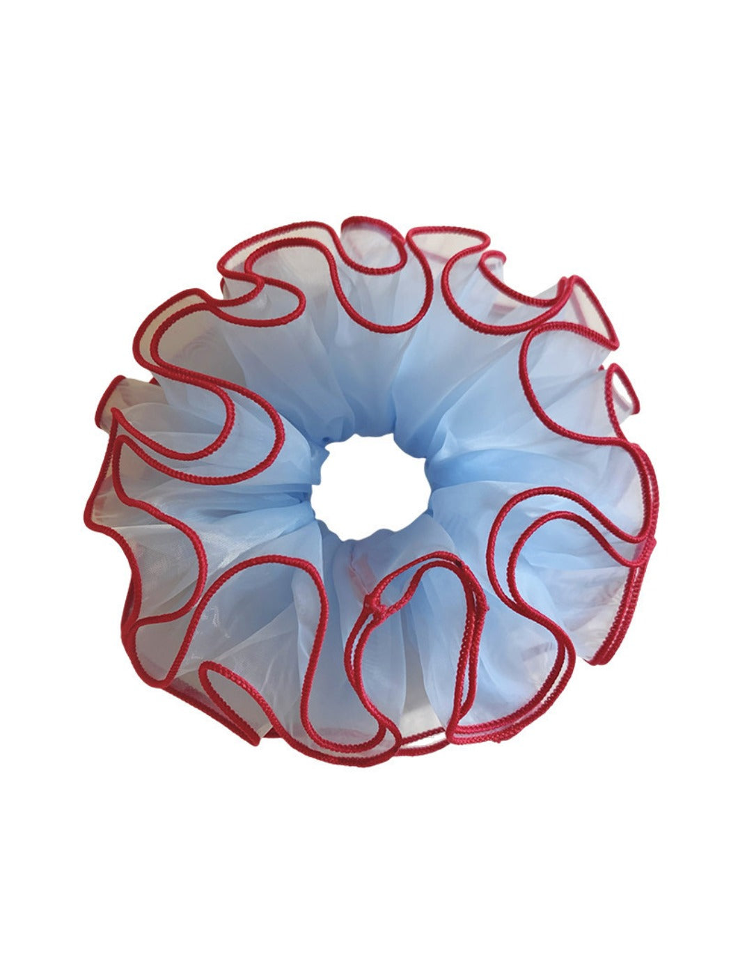 Side view of blue tulle scrunchie with red trim