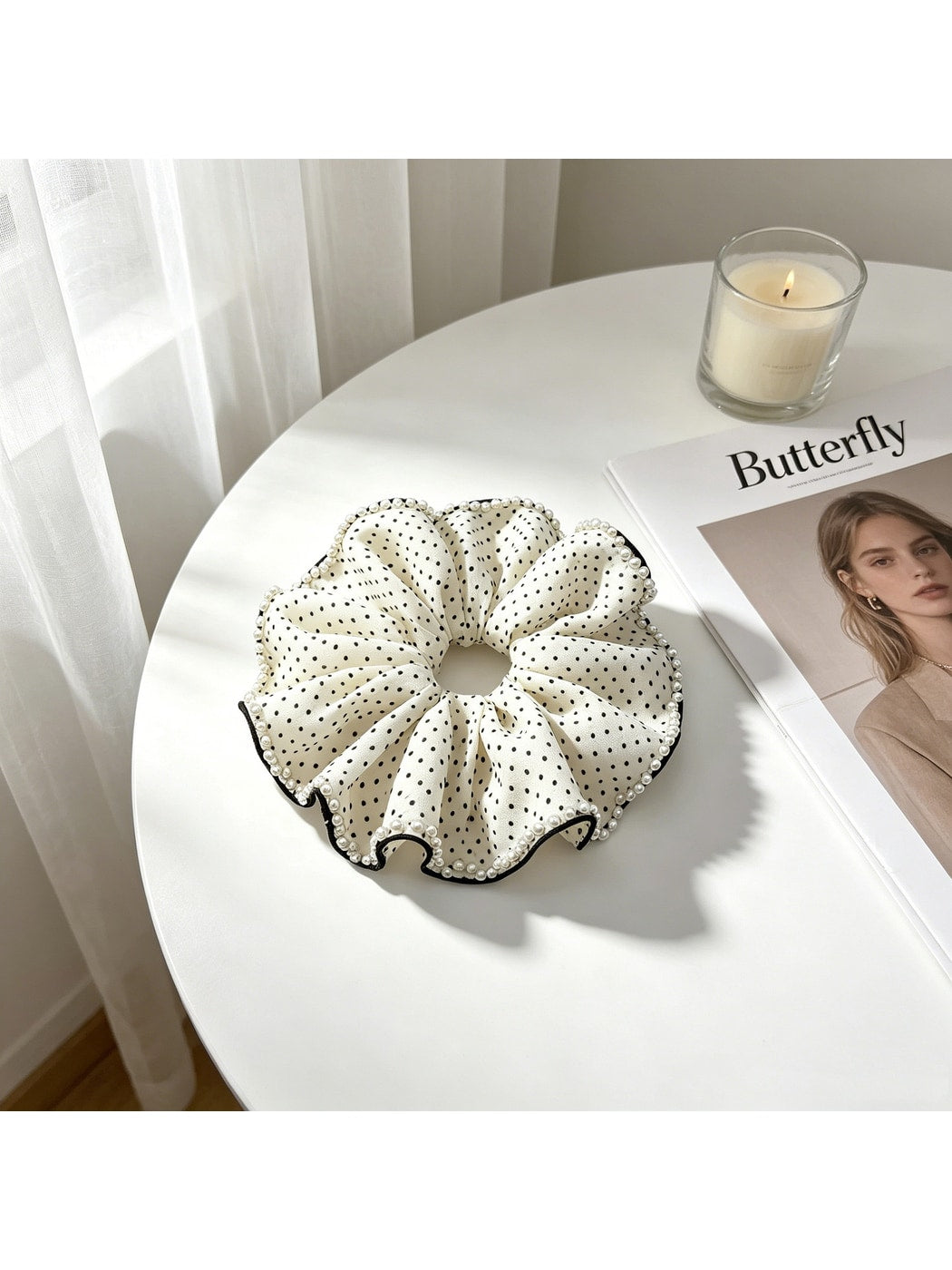 Gifty - Polka Dot Beaded Ruffle Polyester Scrunchie