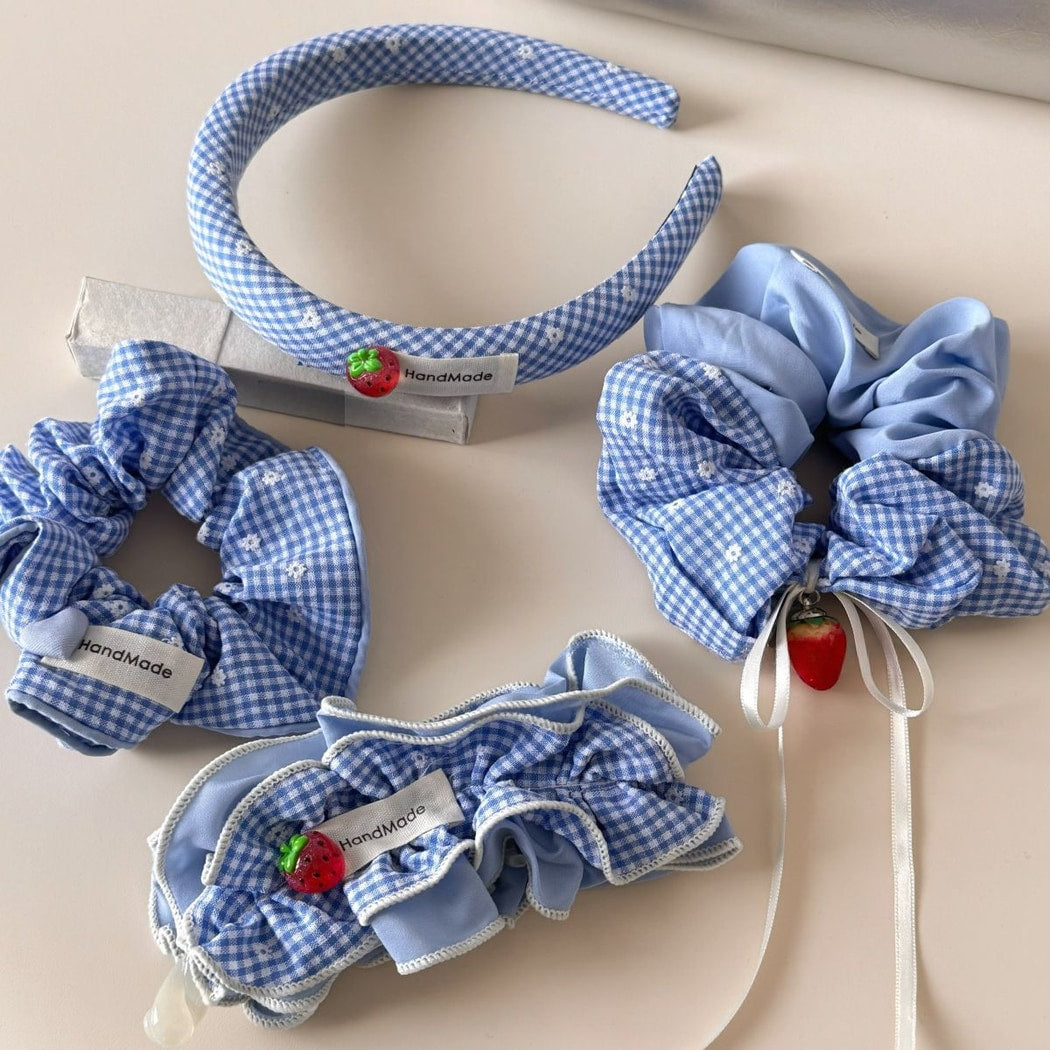 Gifty - Strawberry Detail Plaid Fabric Hair Scrunchie