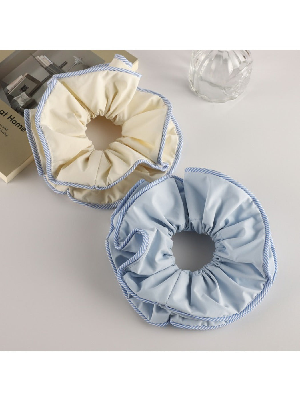 Gifty classy double layer scrunchie in soft beige fabric on white background
