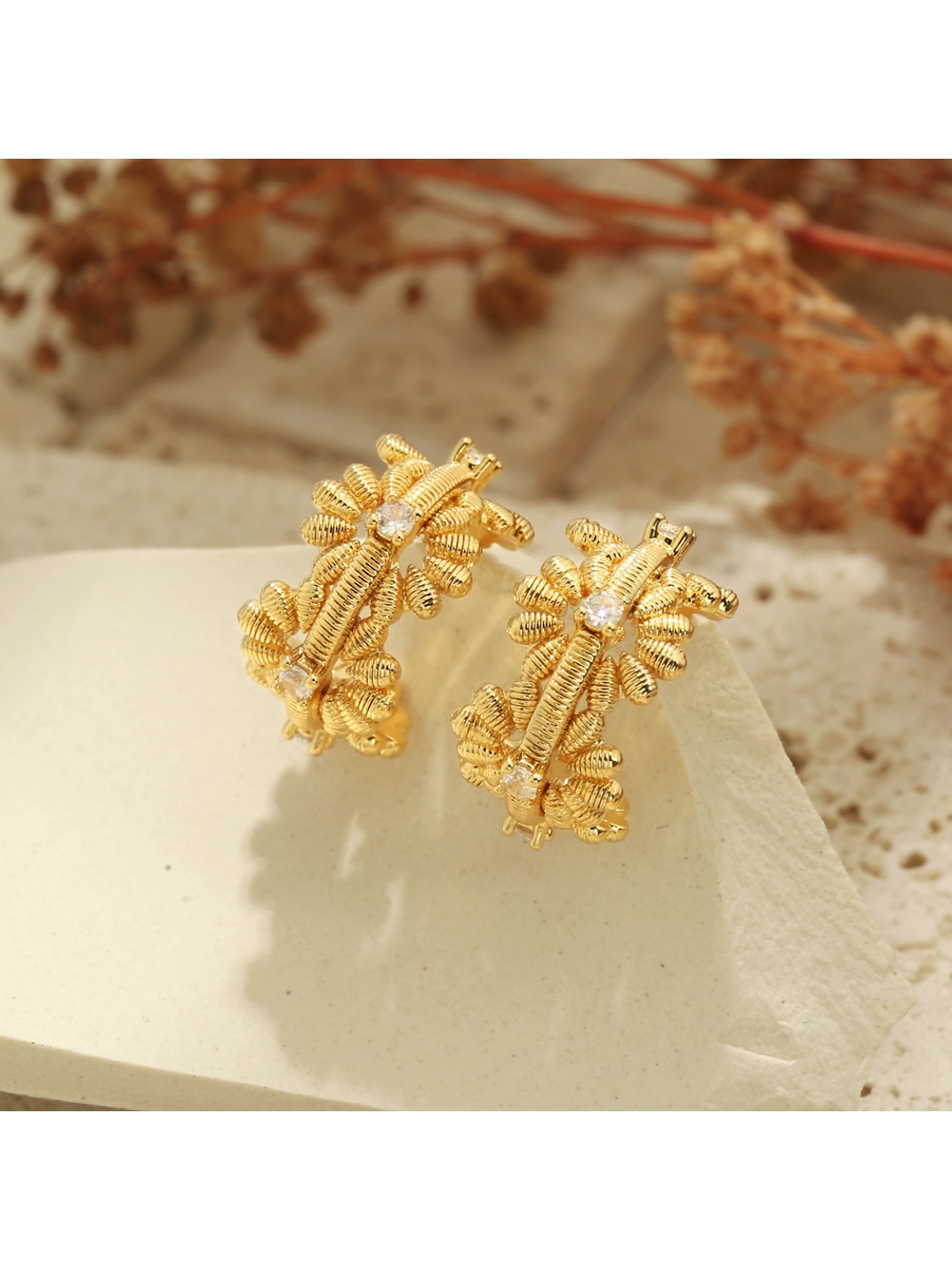 Earedge - Gold Tone Floral Openwork Textured Earrings