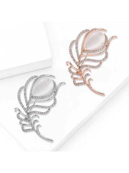 Brovia - Openwork Feather Rhinestone Accent Brooch