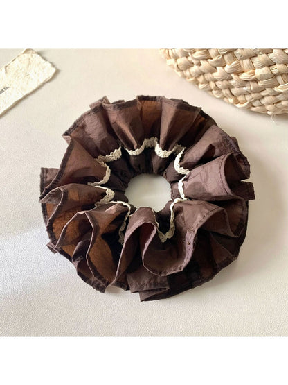 Side view of Gifty vintage dark double layered scrunchie showing fabric texture