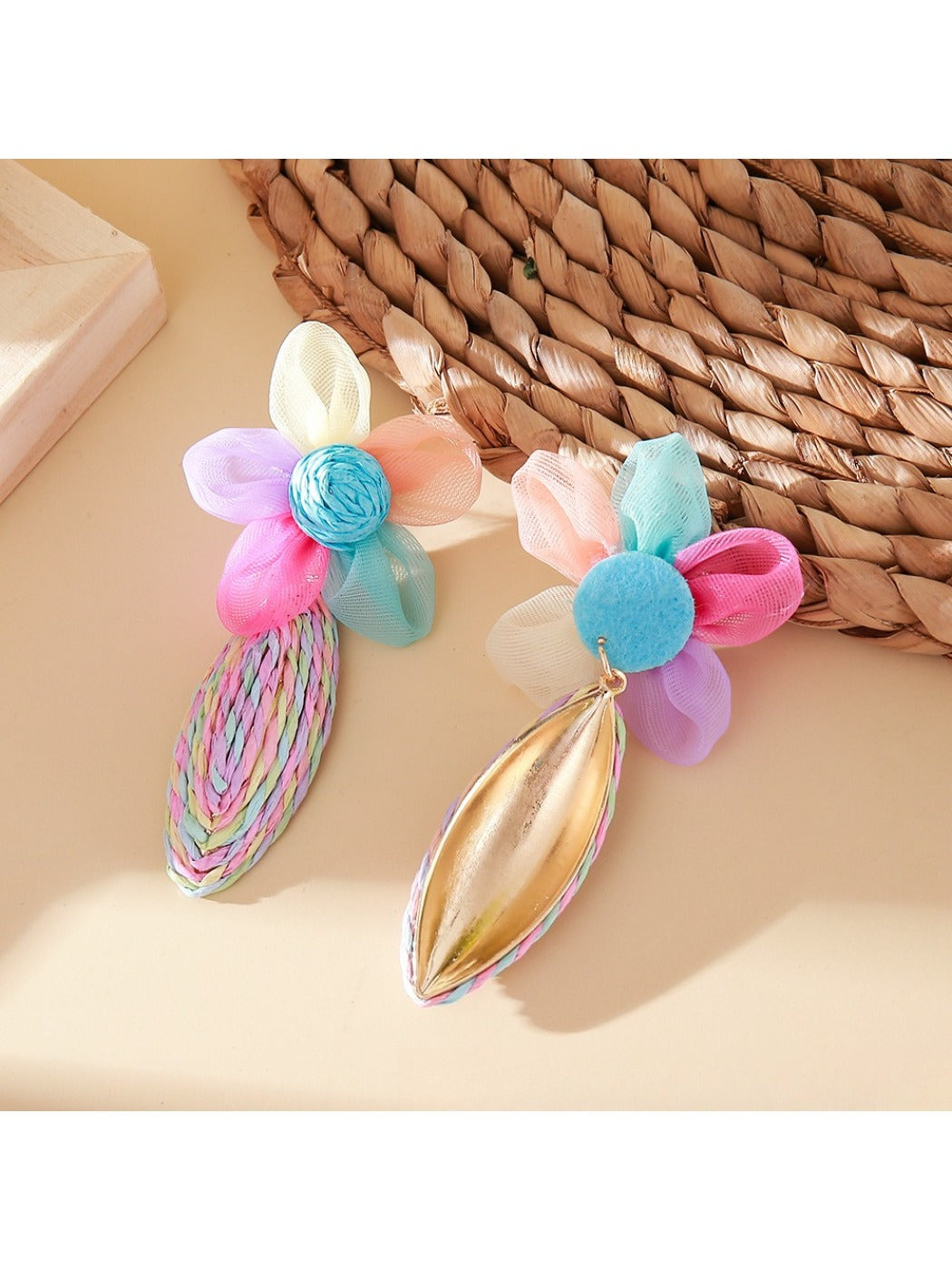 Pair of flower-shaped raffia lace earrings displayed on a white background