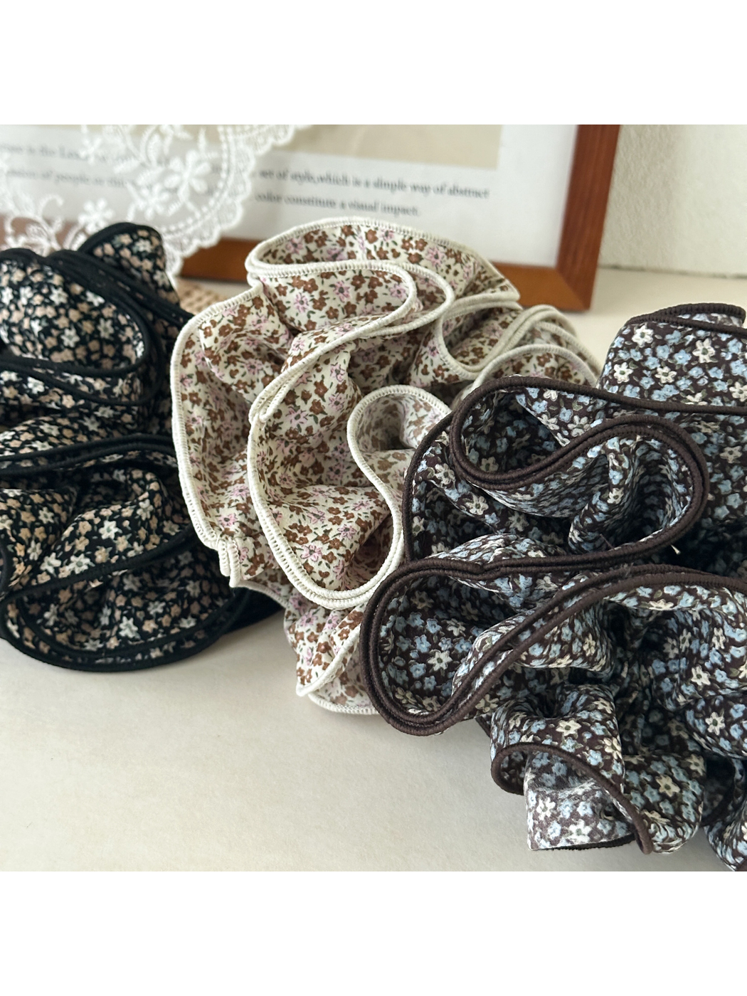 Gifty - Floral Trim Layered Ruffle Hair Scrunchie