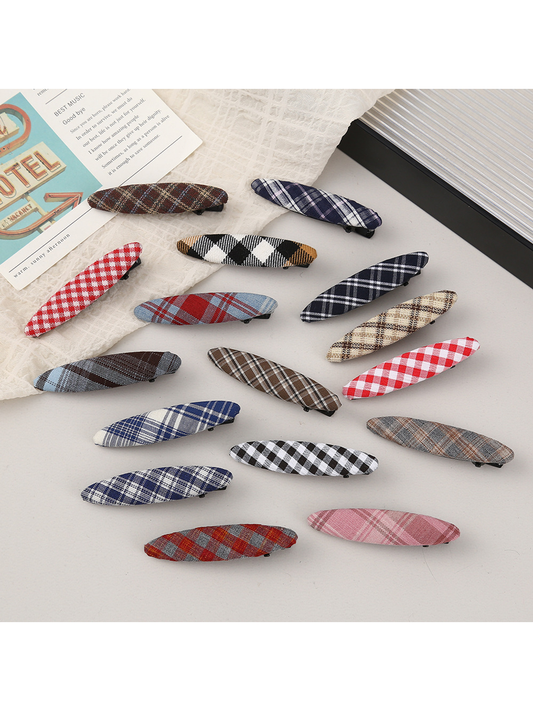 Beau - Plaid Fabric Oval Side Bangs Hair Clip