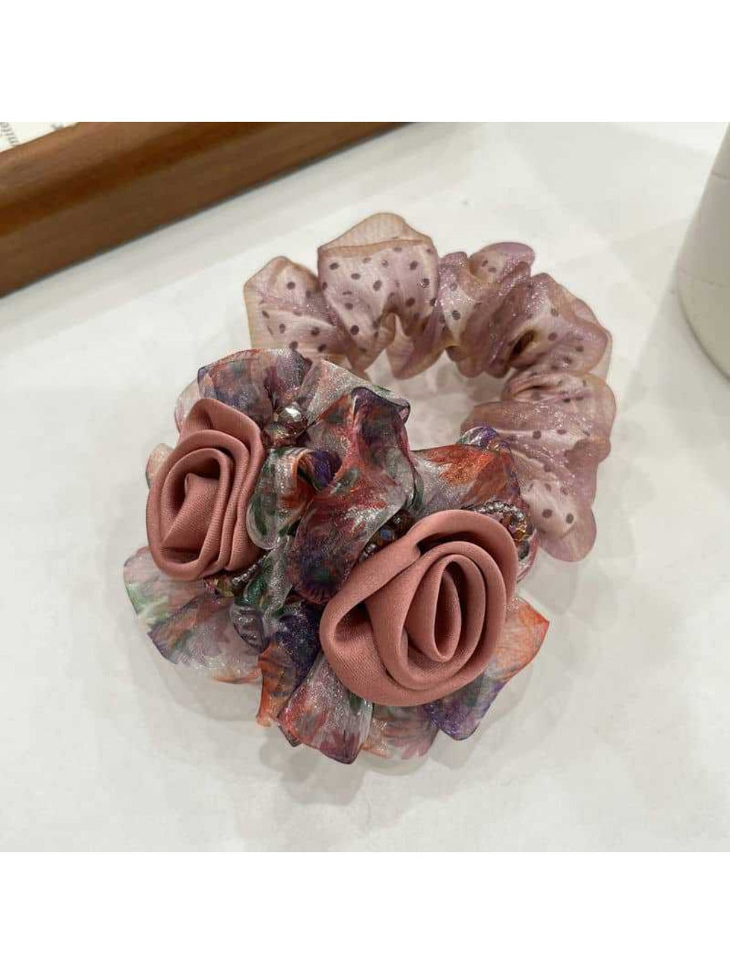 Gifty-Floral Hair Tie Elegant Bow Scrunchie Summer Mesh