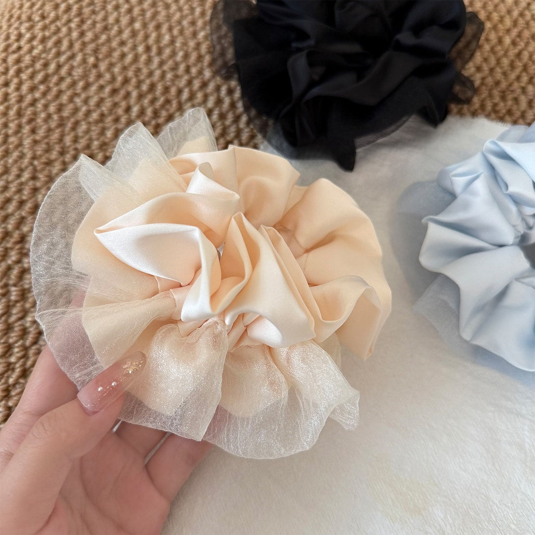 Gifty - Ruffled Mesh Satin Double-Layer Scrunchie