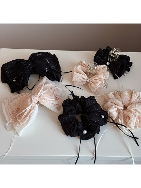 Beau - Polka Dot Ribbon Bow Detail Hair Claw Clip