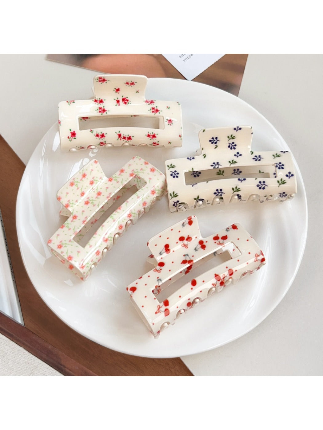 Beau floral print square hair claw clip on white background