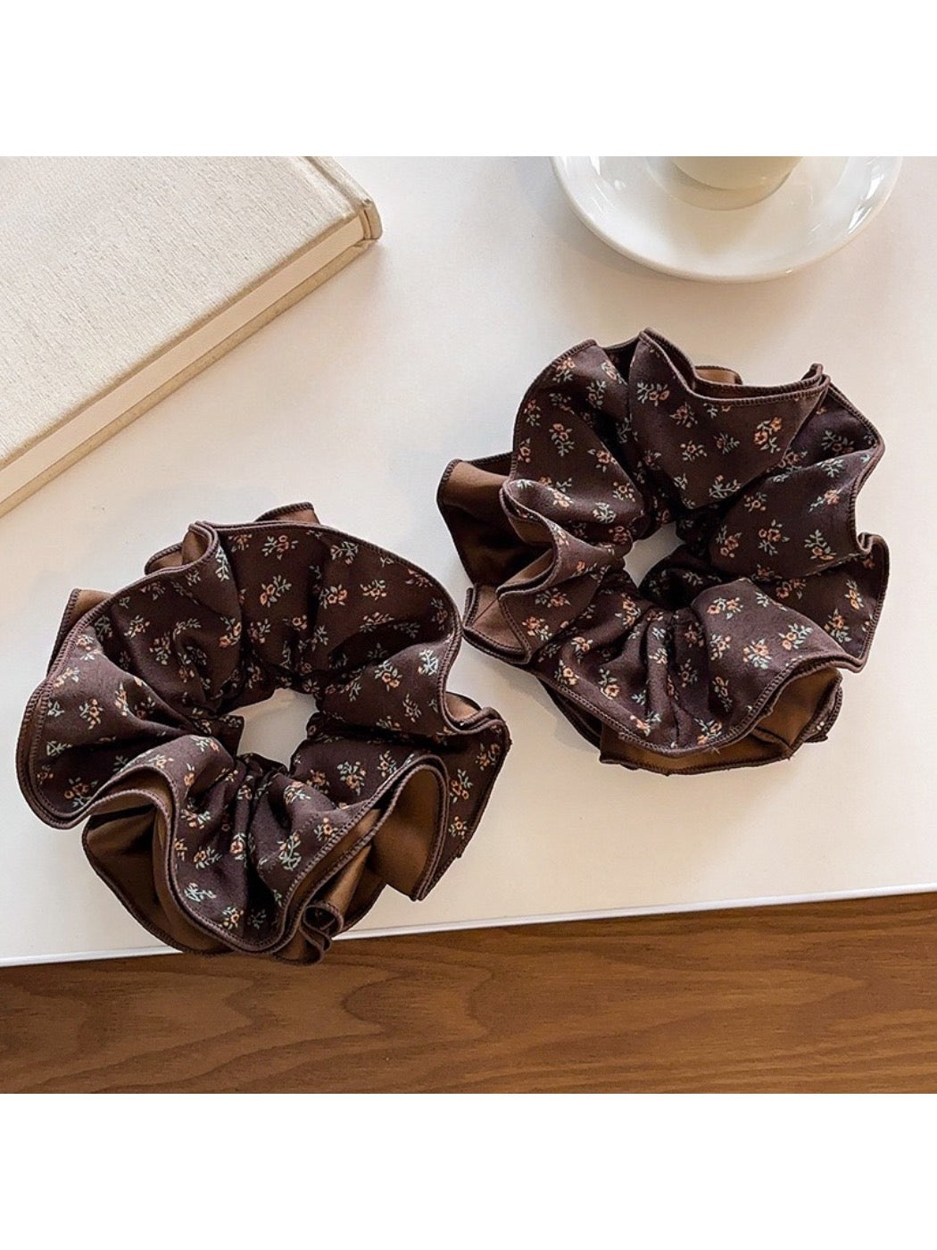 Gifty - Brown Floral Satin Scrunchie