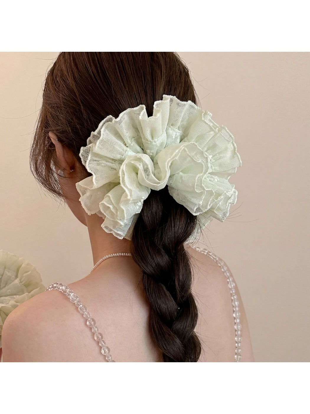 Side view of Gifty sweet printed scrunchie highlighting gathered fabric design