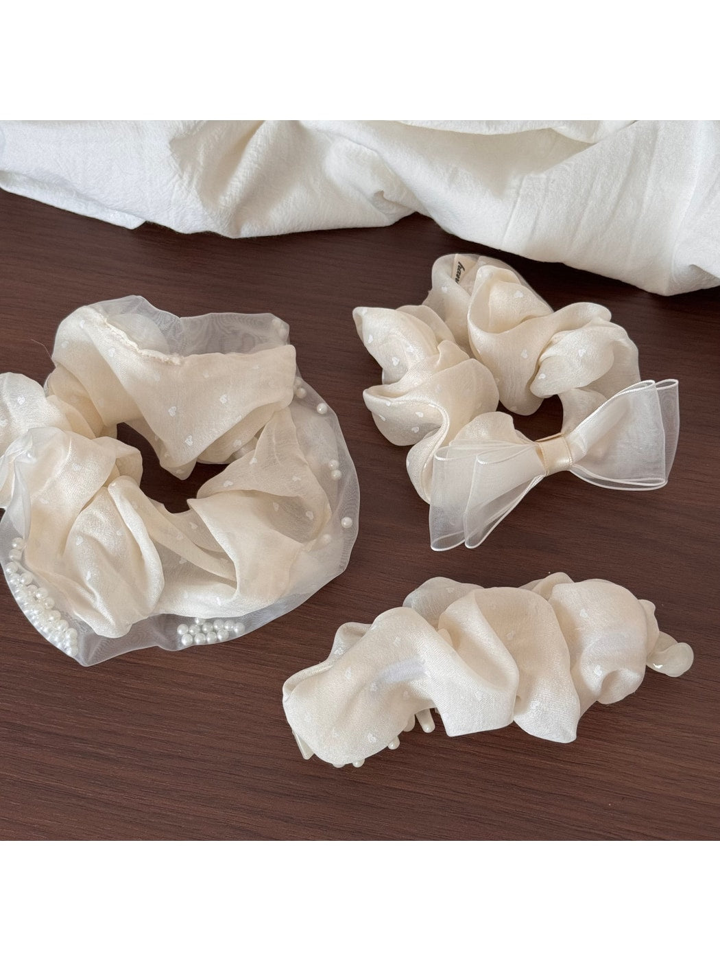 Gifty - Heart Polka Dot Sheer Textured Fabric Scrunchie
