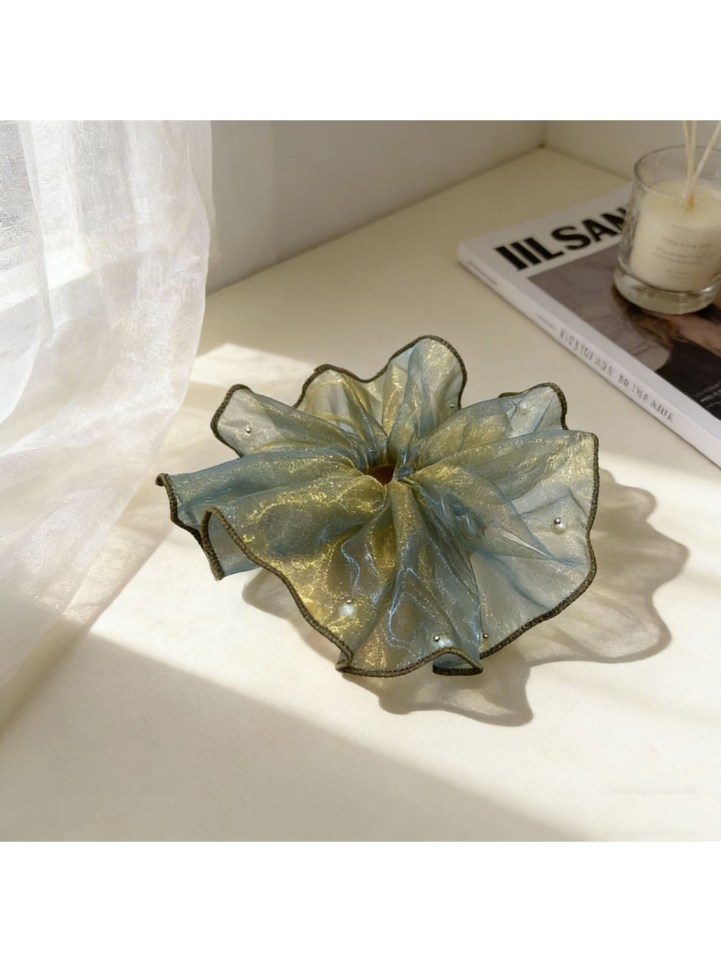 Gifty - Ruffled Mesh Bead Detail Elastic Hair Scrunchie