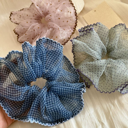 Gifty - Plaid Mesh Ruffle Edge Polyester Scrunchie