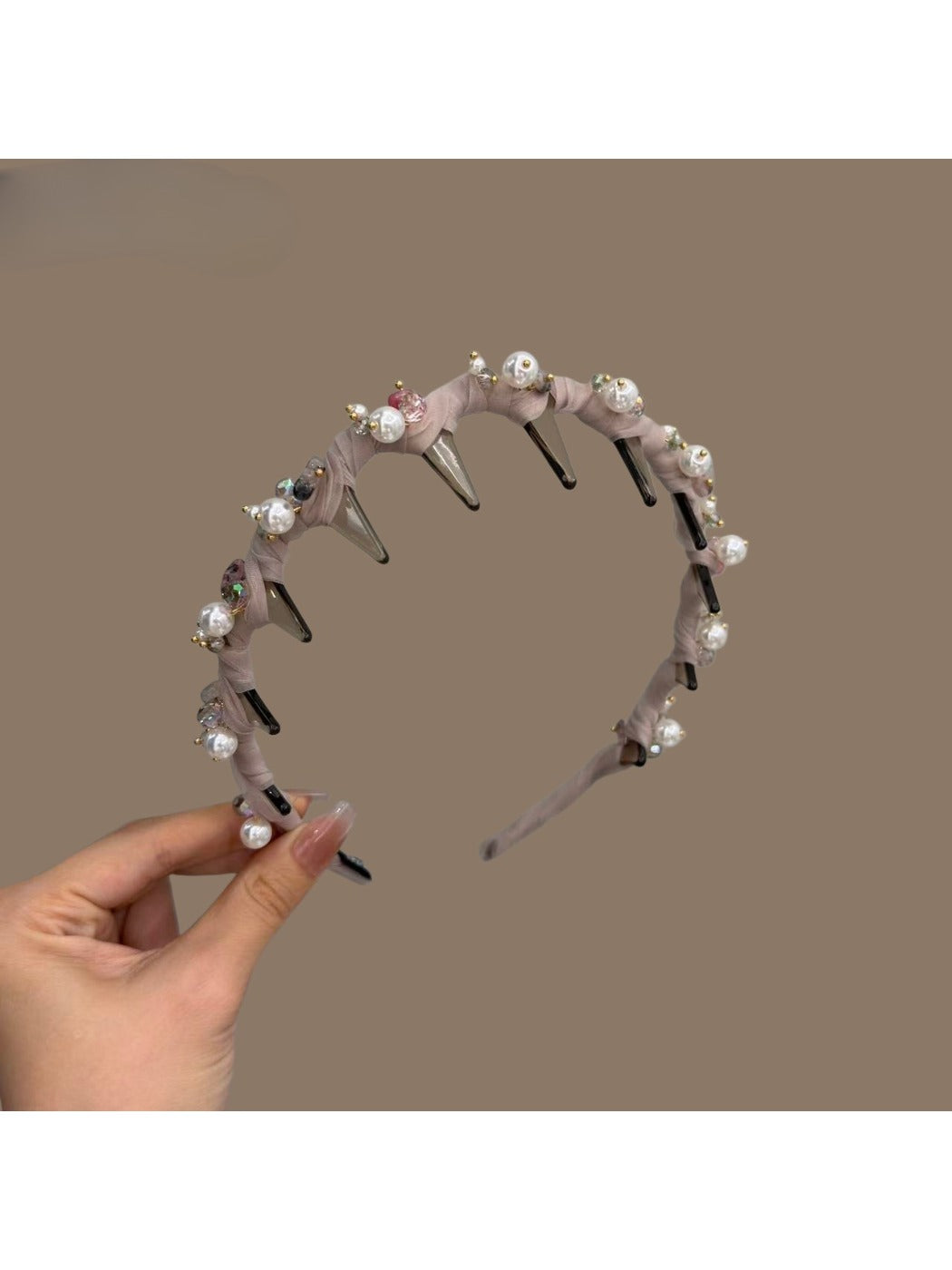 Chic tulle wrapped non-slip headband in soft pink on white background