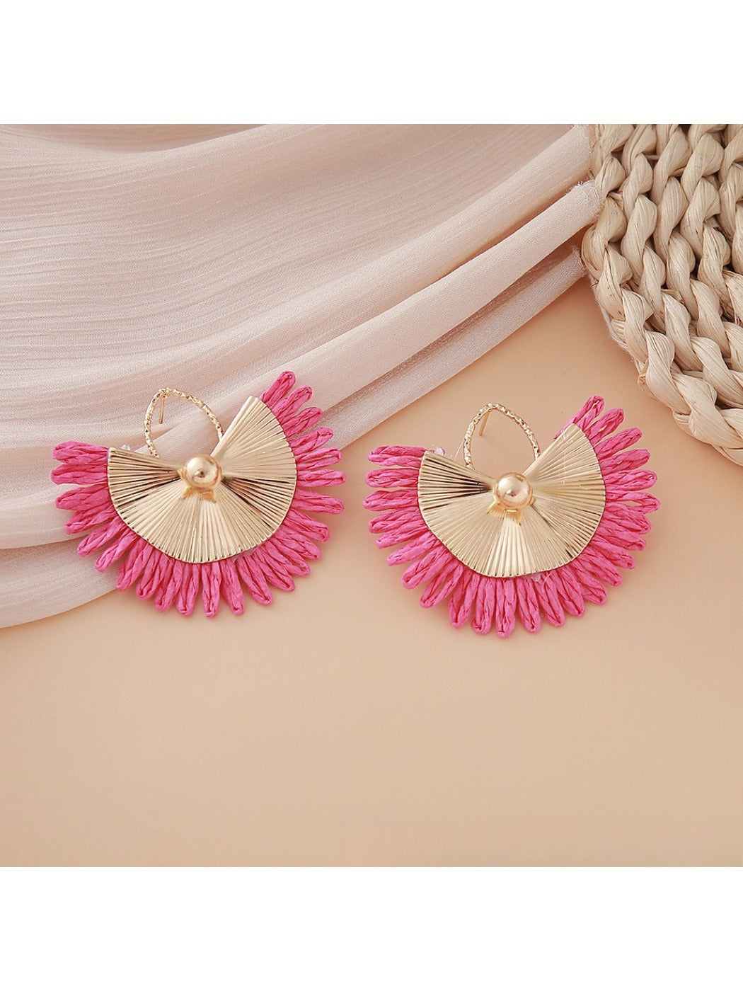 Earedge raffia woven fan shape earrings shown with matching accessories