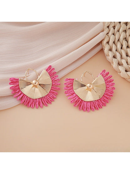 Earedge raffia woven fan shape earrings shown with matching accessories